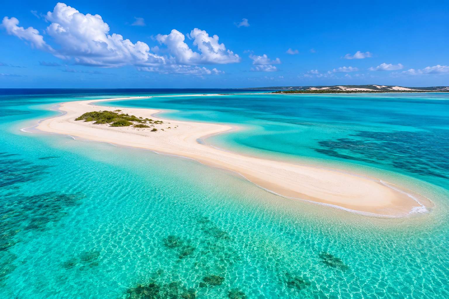 White sandbar surrounded by shallow turquoise lagoon in the Bazaruto Archipelago with distant dhow silhouette on the horizon, Mozambique honeymoon, aerial editorial photography