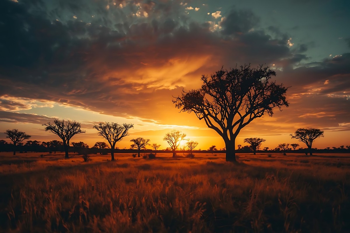 Golden African savannah landscape at sunset with scattered acacia trees and distant mountain range, safari honeymoon extension near Mozambique coast, warm editorial travel photography