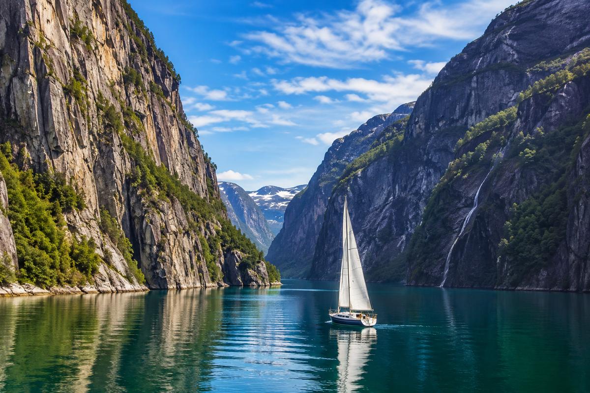 Small wooden sailing boat gliding through a narrow Norwegian fjord with towering green cliffs on both sides and a waterfall in the distance, intimate slow travel honeymoon, editorial photography