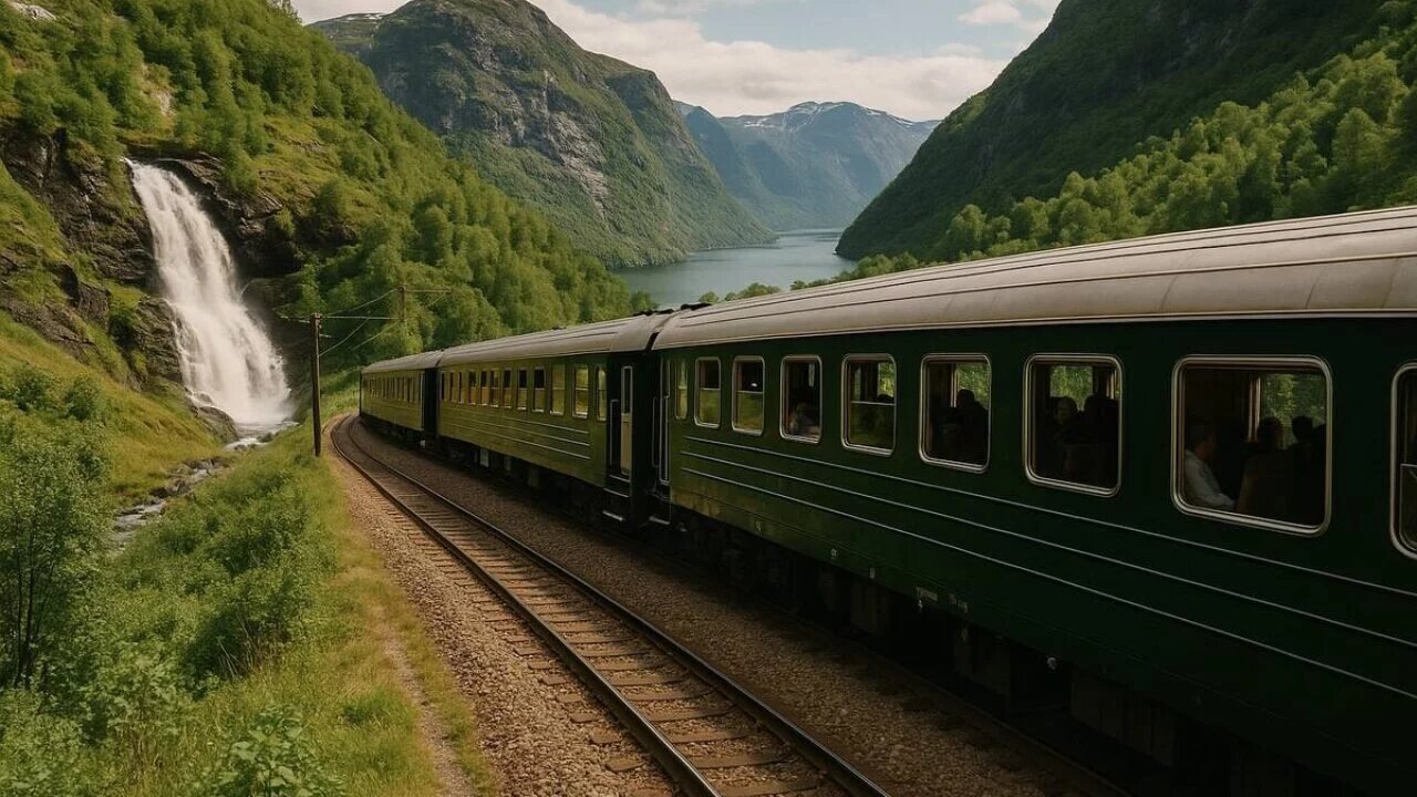 Flam Railway train winding through steep Norwegian mountain valley with cascading waterfall and lush green slopes descending toward a fjord, iconic Scandinavian train journey, editorial photography