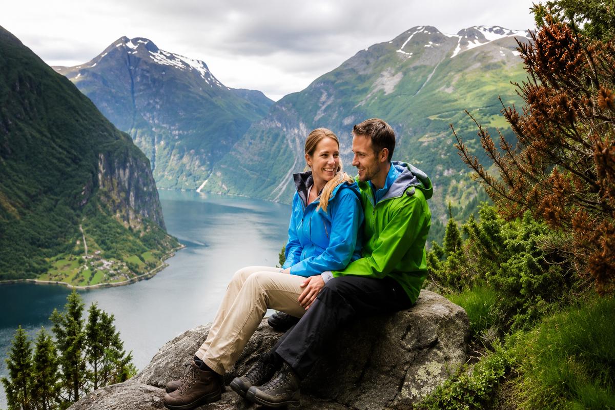 Couple standing on a wooden dock at a remote Norwegian fjord lodge surrounded by steep green mountains and calm blue water at golden hour, intimate Scandinavian honeymoon moment, editorial photography