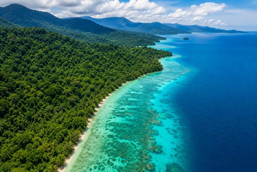 Aerial view of Borneo rainforest meeting turquoise coral reef coastline in Sabah Malaysia with dense green canopy and calm tr