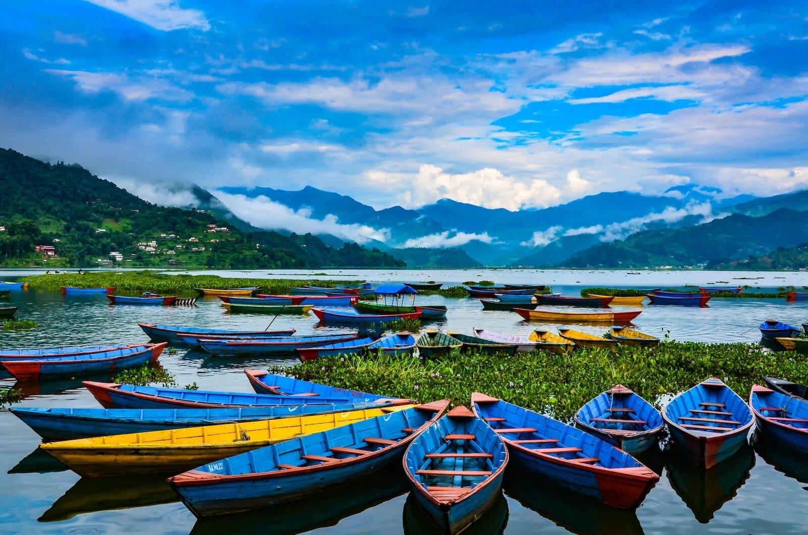 Pokhara lakeside view with colourful wooden boats on Phewa Lake reflecting the snow-capped Annapurna and Machapuchare peaks under a clear morning sky, Nepal honeymoon landscape, editorial photography
