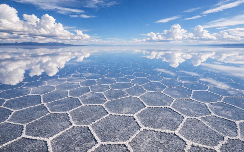 Aerial view of Salar de Uyuni salt flat in Bolivia stretching to the horizon with hexagonal salt patterns and distant volcani