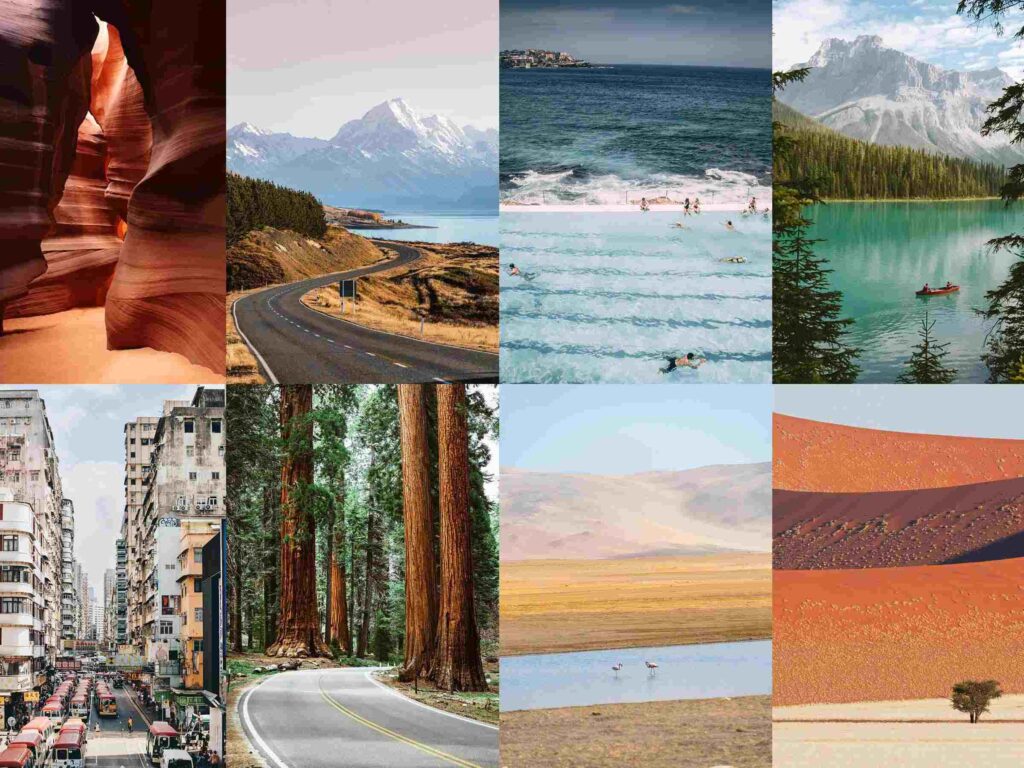 Collage-style editorial image suggesting diverse off-the-beaten-path honeymoon landscapes including salt flats icebergs rainf