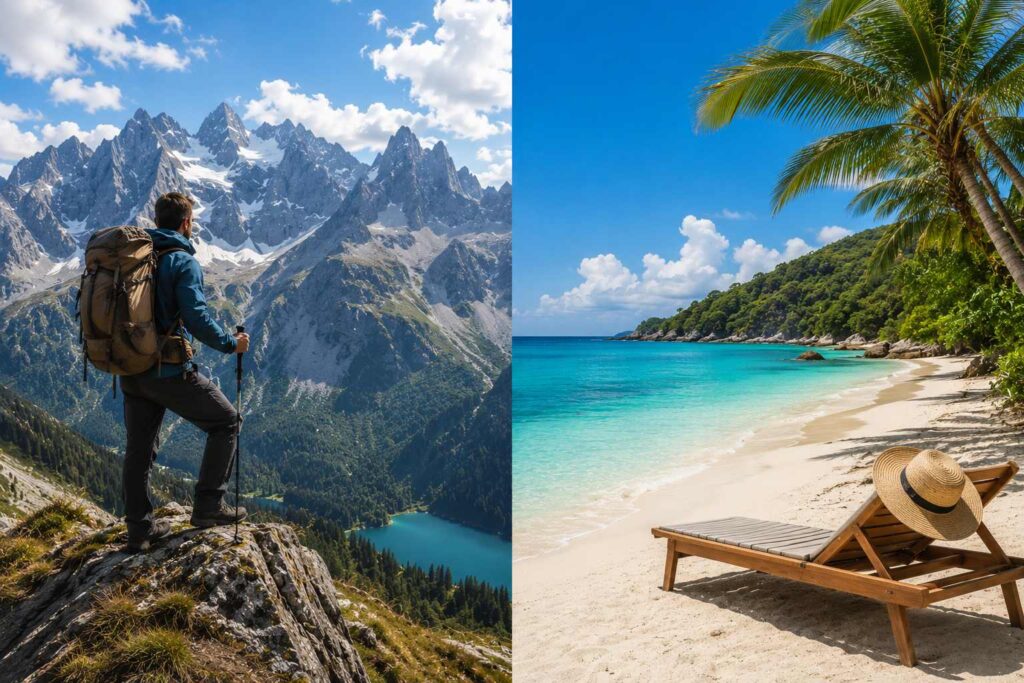 Split composition editorial image contrasting a dramatic mountain adventure landscape on one side with a calm tropical beach