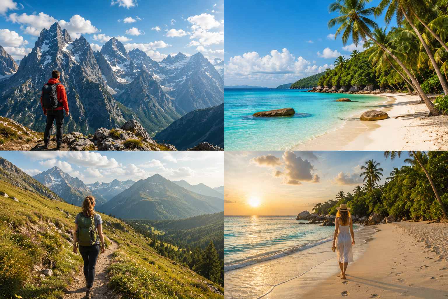 Split composition showing a rugged mountain trail on one side and a calm tropical beach with turquoise water on the other, adventure versus beach honeymoon visual contrast, editorial photography