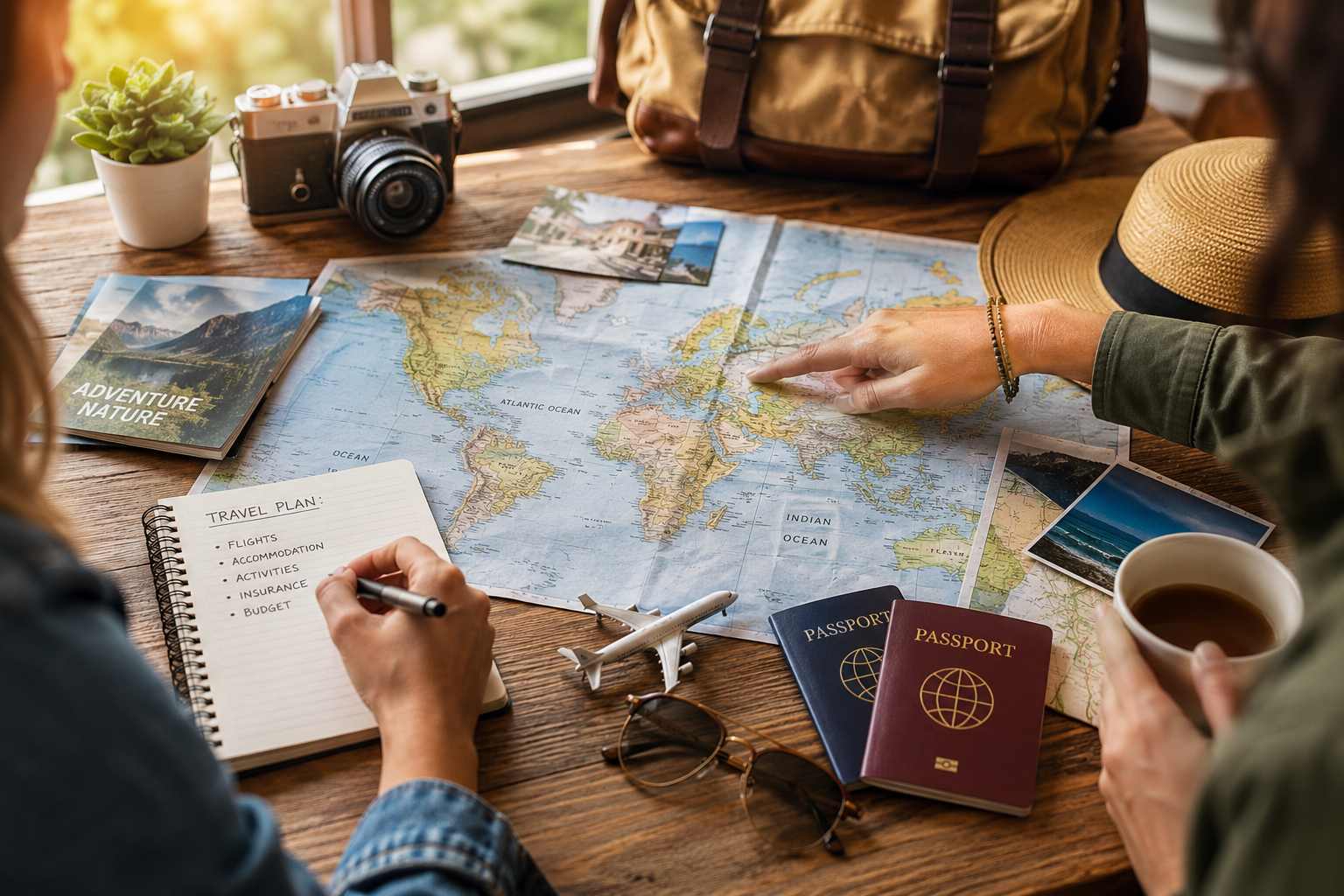 Elegant travel planning scene with a world map journal and two passports on a wooden table bathed in warm afternoon light, honeymoon planning and decision-making, editorial lifestyle photography