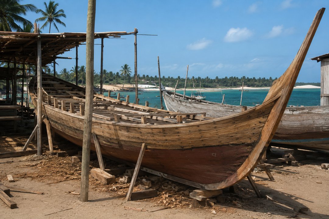 Dhow-building workshop on Vilanculos beachfront with artisan shaping a wooden hull by hand and turquoise ocean beyond, Mozambique coastal culture honeymoon, editorial photography
