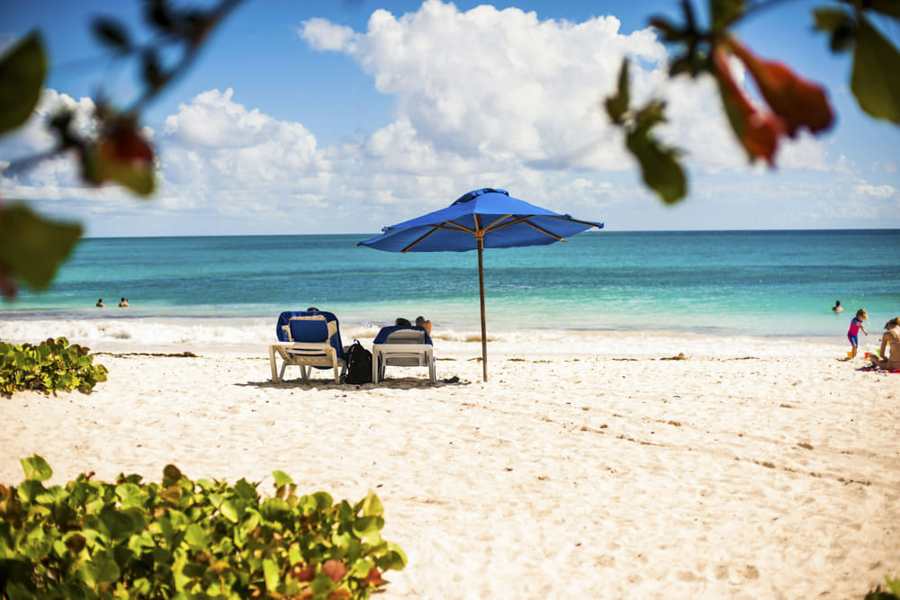Secluded south coast beach in Antigua with calm turquoise water, lush green hillside and boutique resort cottages nestled among tropical vegetation, Caribbean honeymoon, editorial photography