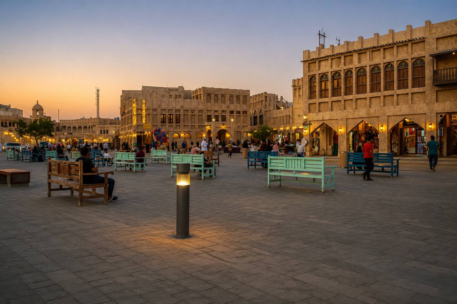 Souq Waqif in Doha Qatar at twilight with warm lantern light illuminating traditional architecture and narrow walkways, couples exploring Arabian market, editorial photography