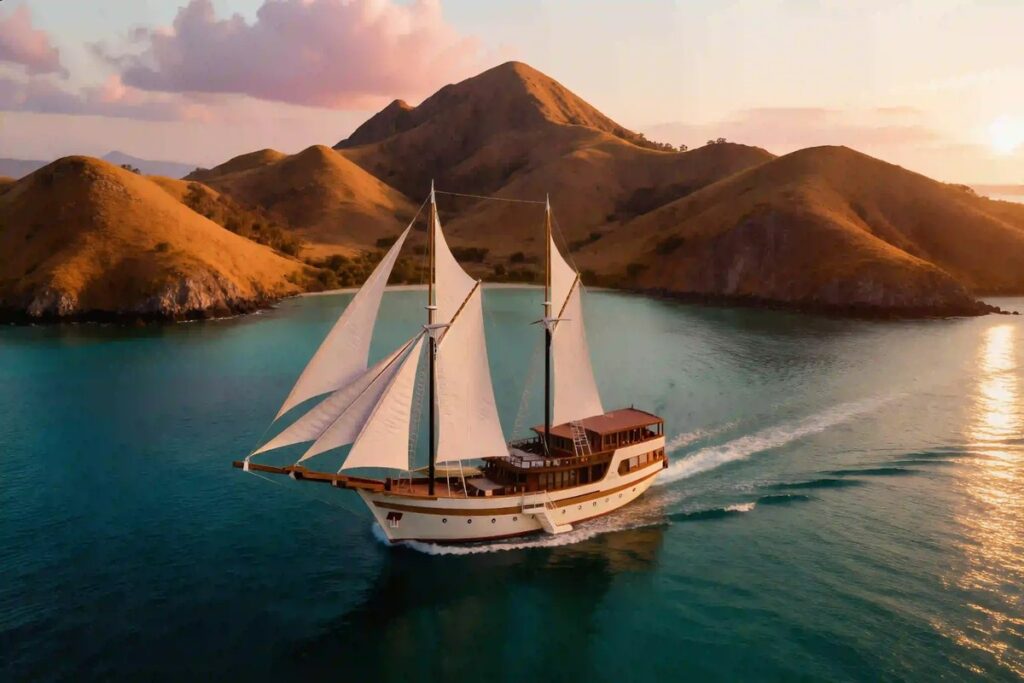 Aerial view of Komodo National Park islands with turquoise channels between volcanic green peaks and traditional phinisi boat
