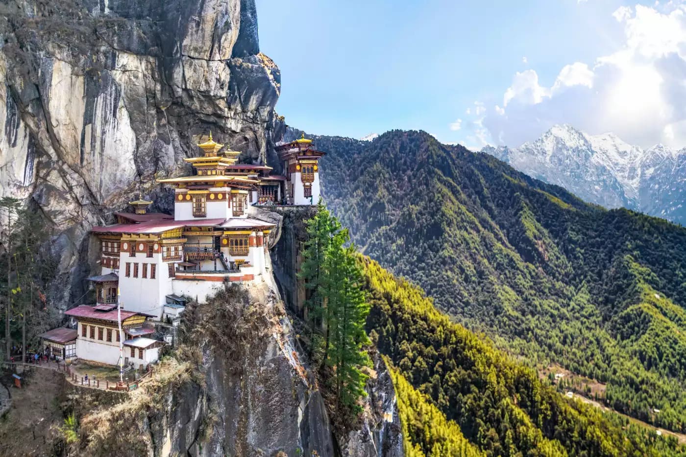 Tiger's Nest Monastery Paro Taktsang clinging to a sheer cliff face above Paro Valley in Bhutan with prayer flags and pine forest below, Himalayan spiritual honeymoon, editorial travel photography