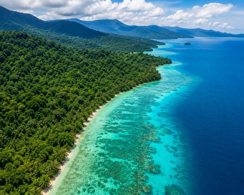 Aerial view of Borneo rainforest meeting turquoise coral reef coastline in Sabah Malaysia with dense green canopy and calm tr