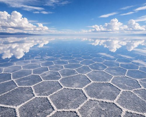 Aerial view of Salar de Uyuni salt flat in Bolivia stretching to the horizon with hexagonal salt patterns and distant volcani