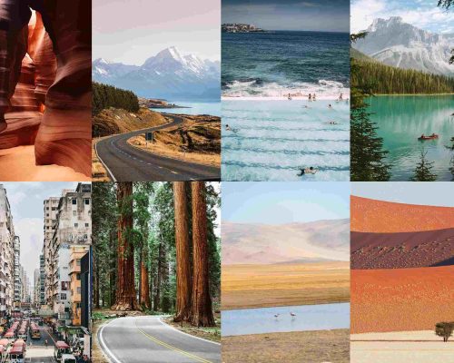 Collage-style editorial image suggesting diverse off-the-beaten-path honeymoon landscapes including salt flats icebergs rainf