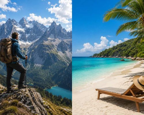 Split composition editorial image contrasting a dramatic mountain adventure landscape on one side with a calm tropical beach