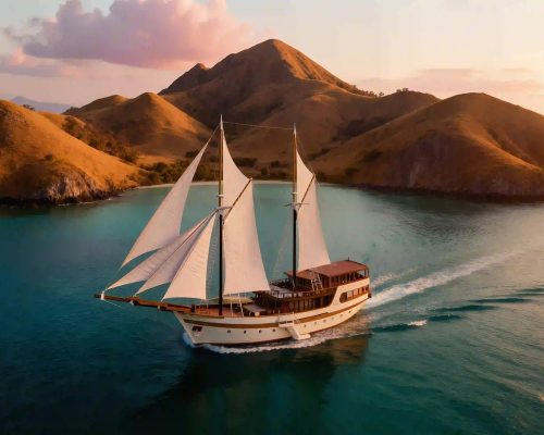 Aerial view of Komodo National Park islands with turquoise channels between volcanic green peaks and traditional phinisi boat