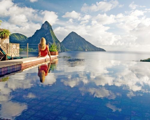 Soufriere, St. Lucia; Rm. JD2, view of the Pitons from pool suite at Jade Mountain at Anse Chastenet Resort
